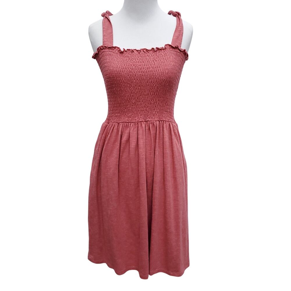 Toad & Co Gemina Dress Sleeveless Smocked Bodice Tie Shoulder Pockets Coral Sz M